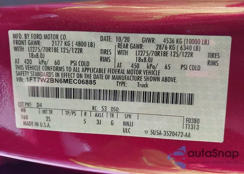 2021 Ford F-250 Xlt from USA, damaged, VIN 1FT7W2BN6MEC06885